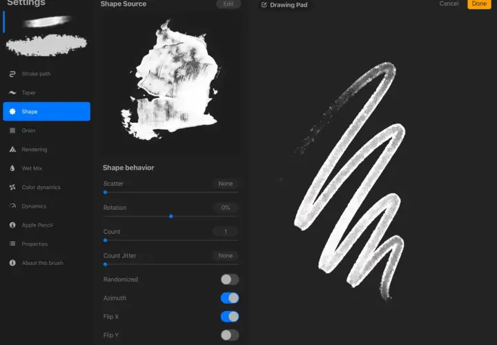 Procreate Pinsel-Einstellungen: Formquelle, Verhalten und Beispielstrich. Die Kosten für Procreate sind gering für diese kreativen Möglichkeiten.