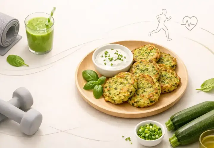 Placki z cukinii na talerzu, obok dipu, zielonego smoothie, cukinii i hantli.