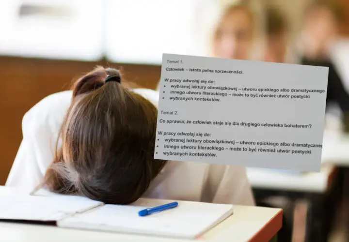 Zmęczona uczennica z głową na zeszycie, nad nią arkusz z tematem "Człowiek – istota pełna sprzeczności".