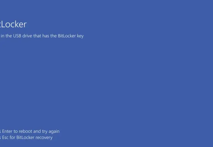 Ekran BitLocker: podłącz USB z kluczem BitLocker. Naciśnij Enter, by spróbować ponownie, lub Esc dla odzyskiwania.