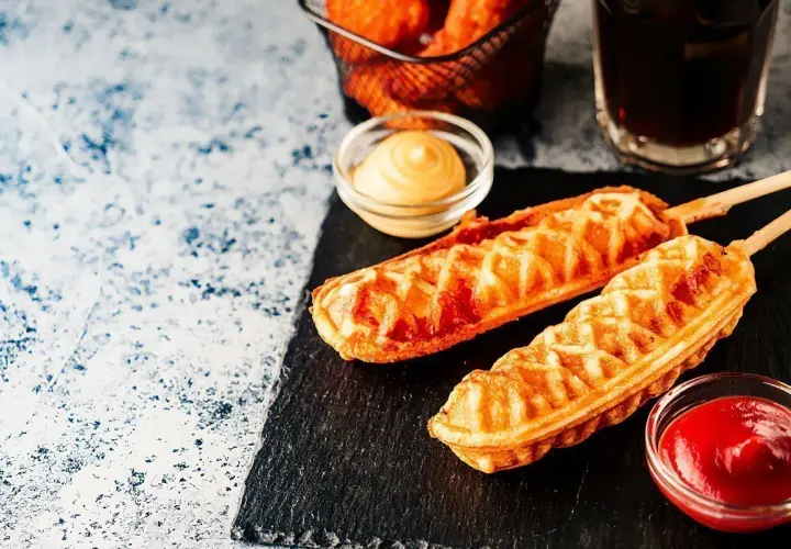 Dwa chrupiące corn dogi na patykach, podane z ketchupem i musztardą. Idealny przepis na corn doga na szybką przekąskę.
