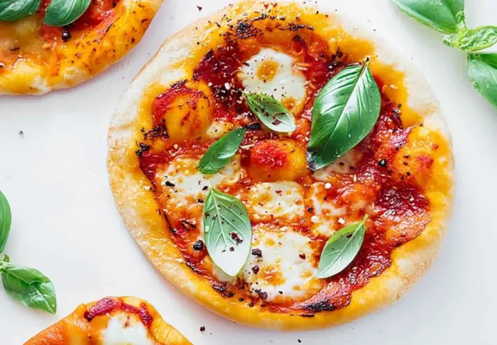 Pyszna pizza z mozzarellą, sosem pomidorowym i świeżą bazylią. Idealna na szybki lunch lub kolację.