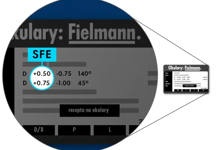 Recepta na okulary Fielmann z korekcją wad wzroku: D +0.50 -0.75 140° i D +0.75 -1.00 45°.