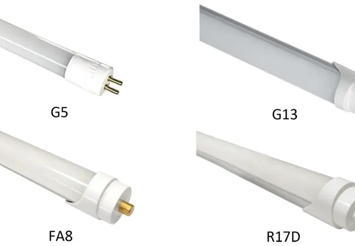 Comparativa de tamaños de tubos led: G5, G13, FA8 y R17D, mostrando sus diferentes conectores.