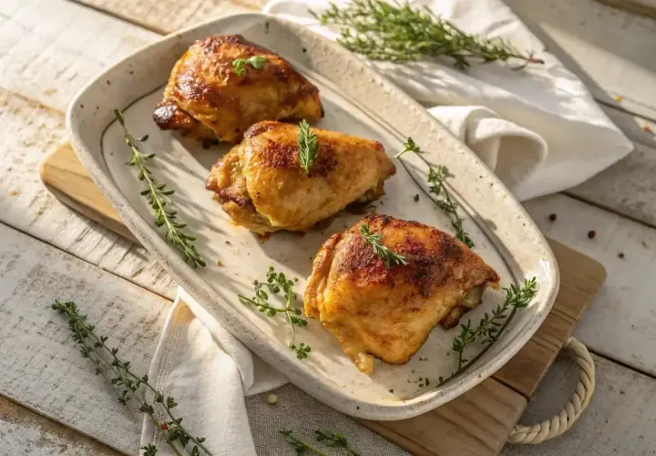 Trois belles cuisses de poulet au four, dorées et savoureuses, garnies de thym frais sur un plat en céramique.