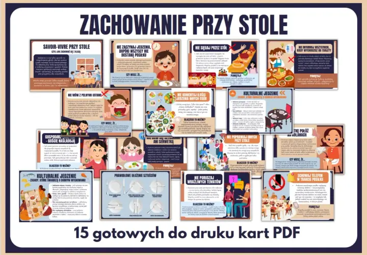 Zasady savoir-vivre przy stole dla dzieci: nie zaczynaj jeść pierwszy, nie mów z pełnymi ustami, nie komentuj jedzenia innych, nie sięgaj przez stół.