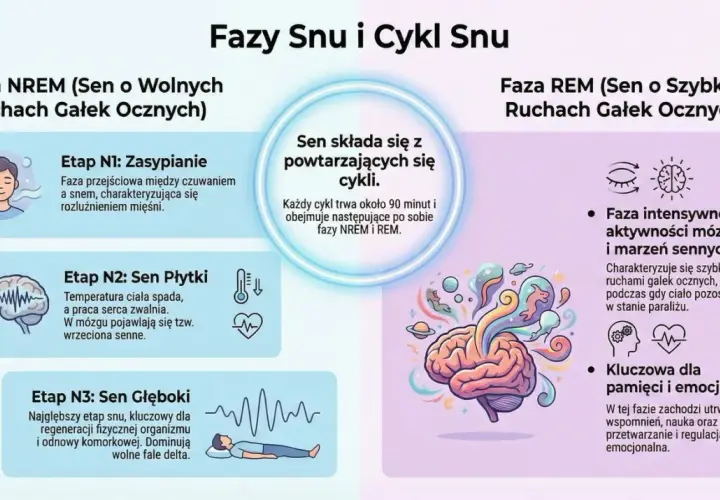 Ilustracja wyjaśnia, jak działa sen, przedstawiając fazy NREM (zasypianie, sen płytki, sen głęboki) i REM (intensywna aktywność mózgu, marzenia senne).