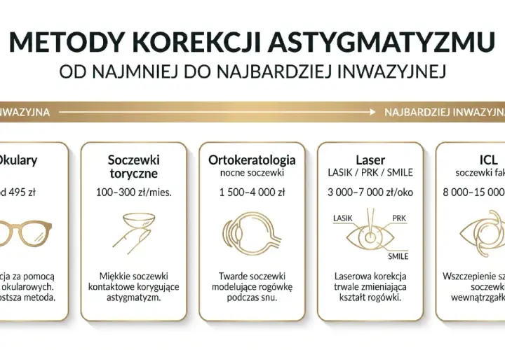 Metody korekcji astygmatyzmu: okulary, soczewki, ortokorekcja, laser, ICL. Dowiedz się, co to astygmatyzm i jak go leczyć.