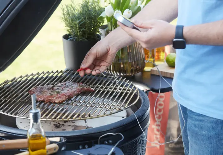 Un homme utilise un thermomètre pour vérifier la cuisson d'un steak sur un barbecue. Le steak est assaisonné et repose sur la grille.