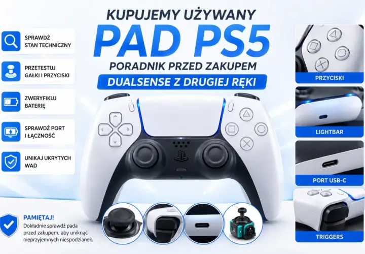 Poradnik zakupu używanego pada PS5. Sprawdź stan techniczny, gałki, baterię, port USB-C i unikaj wad. Nawet drobny pixel shift może świadczyć o zużyciu.