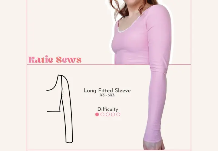 A pink long sleeve shirt pattern is shown, with text indicating "Long Fitted Sleeve" in sizes XS-5XL and difficulty level.