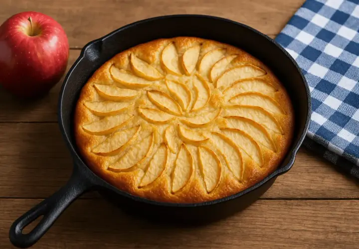 Un délicieux gâteau léger aux pommes à la poêle, joliment décoré de quartiers de pommes, prêt à être dégusté. Une pomme rouge à côté et une serviette à carreaux bleus complètent la scène.