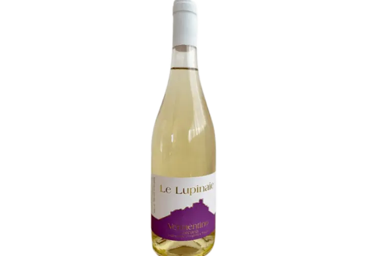 Butelka wina Le Lupinaie Vermentino, z etykietą przedstawiającą fioletowy zamek.