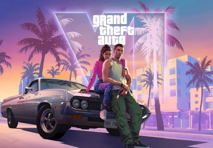 Para GTA 6 wymagania, para siedzi na samochodzie na tle palem i neonów.