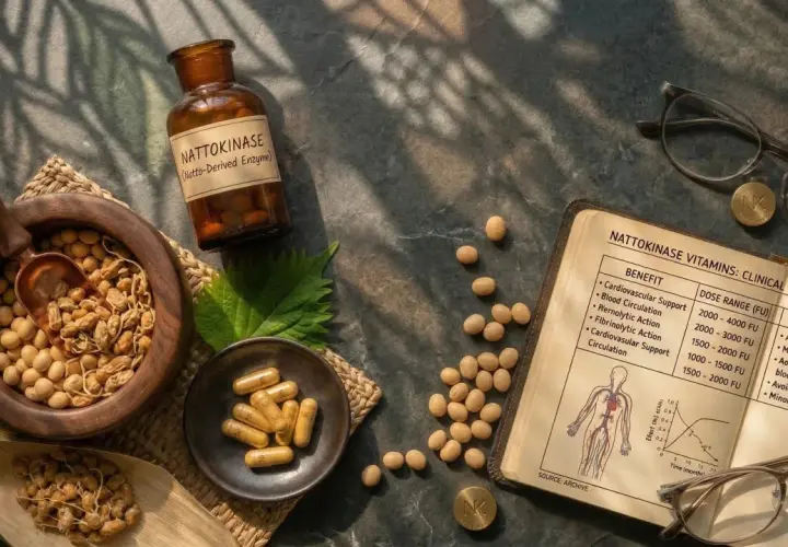 Nattokinase a cosa serve? Soia, capsule e un libro che illustra i benefici per la circolazione sanguigna.