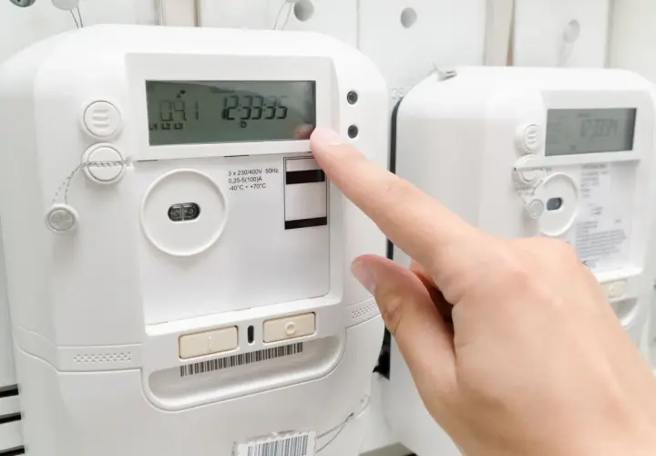 Palec naciska przycisk licznika energii elektrycznej, monitorując pobór prądu.