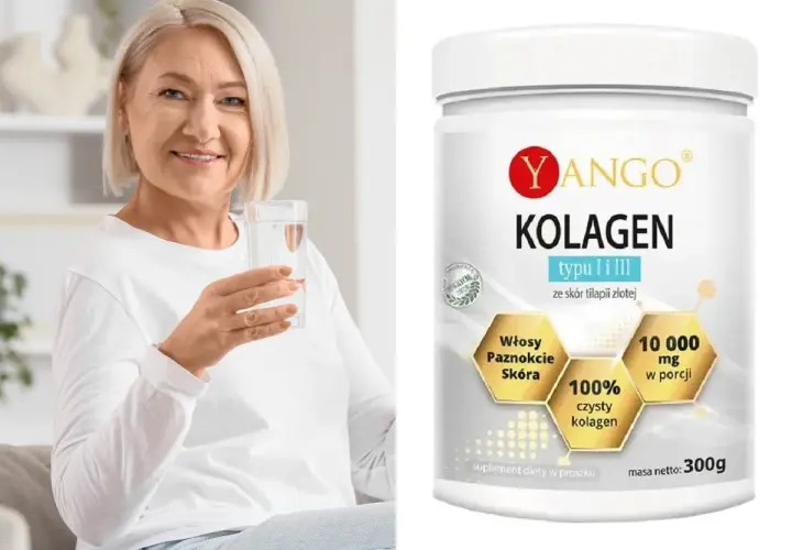 Uśmiechnięta kobieta z wodą w ręku obok opakowania Yango Kolagen na skórę, włosy i paznokcie.
