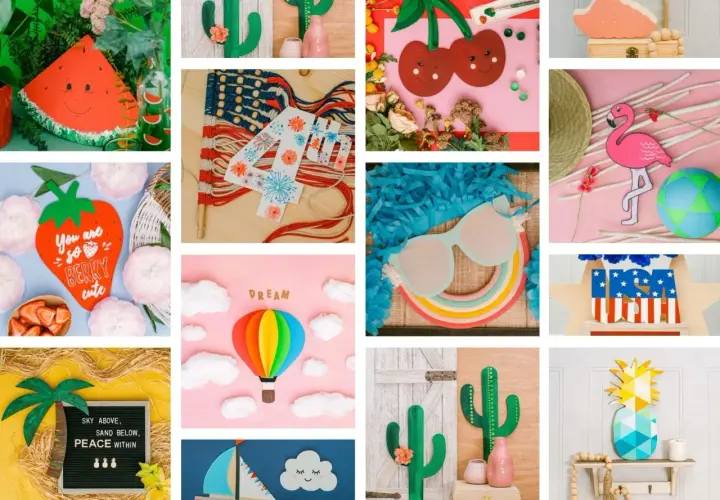 Collage de manualidades de verano: sandía, cactus, cerezas, flamenco, piña, globo aerostático. ¡Un dibujo fácil para el verano!