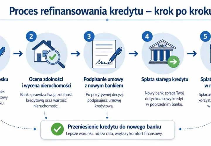 Proces refinansowania kredytu hipotecznego: złożenie wniosku, ocena zdolności, podpisanie umowy, spłata starego kredytu i zobowiązania w nowym banku.