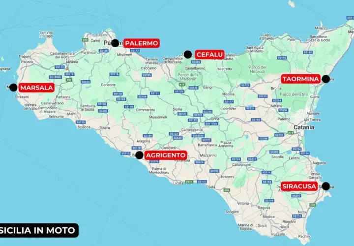 Mappa della Sicilia con itinerari per moto. Dove dormire tra Palermo, Cefalù, Taormina, Agrigento e Siracusa.