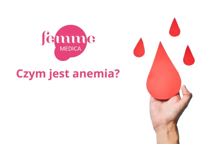 Dłoń trzyma dużą czerwoną kroplę krwi, symbolizującą niedokrwistość. Obok logo Femme Medica i pytanie "Czym jest anemia?".