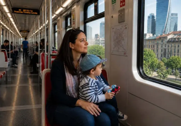 Mamma e bambino guardano fuori dal finestrino della metro. I bambini pagano la metro a Roma, ma questo piccolo esploratore è troppo giovane per preoccuparsi del biglietto.