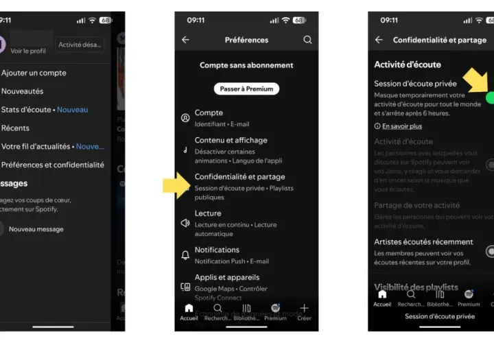 Accédez aux paramètres de confidentialité pour activer la session d'écoute privée et ainsi augmenter votre contrôle sur Spotify.