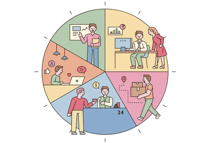 Ein Kreisdiagramm zeigt verschiedene Tätigkeiten: Präsentation, Büroarbeit, Online-Shopping, Bezahlen, Lieferung. Effizient arbeiten, um die **Arbeitszeit reduzieren** zu können.