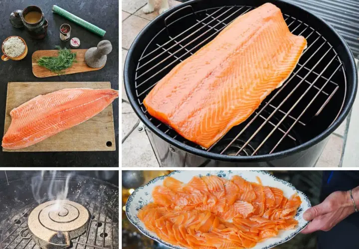 Collage de saumon cru, fumoir, fumée et saumon fumé tranché.