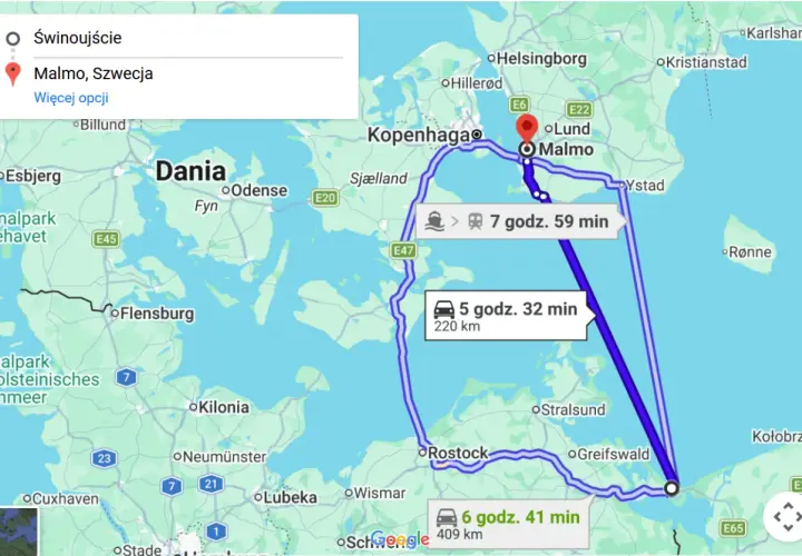 Trasa promowa ze Świnoujścia do Malmo, Szwecja. Widoczne opcje podróży samochodem i promem.