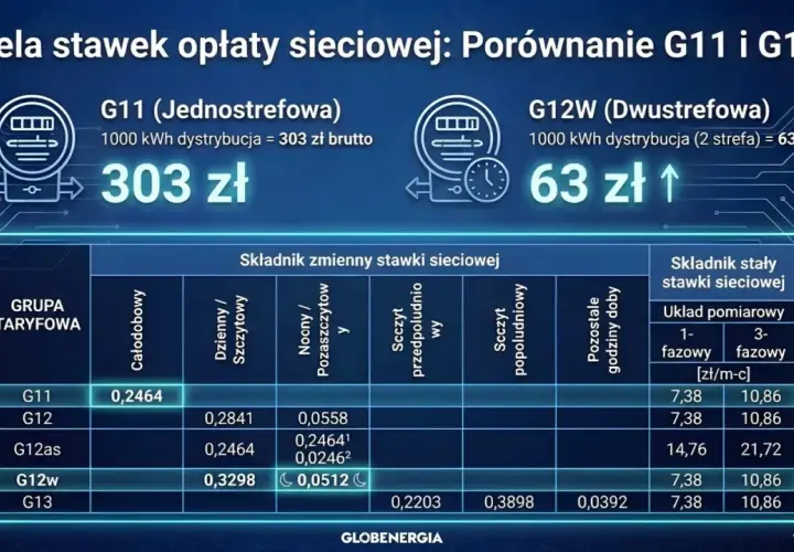 Porównanie taryfy G11 i G12w: G11 kosztuje 303 zł, G12w 63 zł za 1000 kWh. Tabela stawek sieciowych.