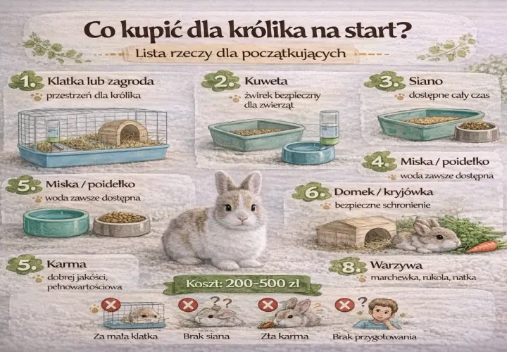 Lista rzeczy, co potrzebuje królik do klatki: klatka, kuweta, siano, miski, domek, karma i warzywa.