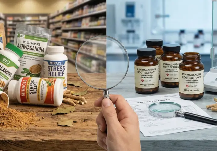 Des flacons d'ashwagandha, certains en poudre, d'autres en gélules, sont examinés sous une loupe. Les bienfaits de l'ashwagandha pour le stress sont mis en avant.