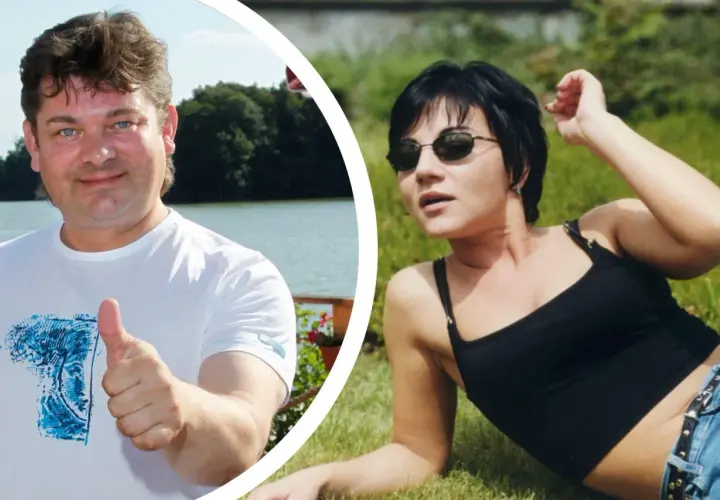 Mężczyzna z kciukiem w górę i kobieta w okularach przeciwsłonecznych, jak z zespołów disco polo lat 90.