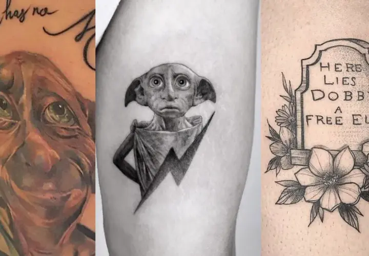 Trzy tatuaże z Dobbym: portret, postać z piorunem i nagrobek z napisem "HERE LIES DOBBY A FREE ELF".