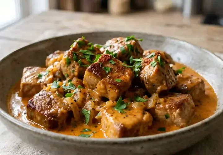 Un délicieux saute de porc en sauce crémeuse, garni de persil frais.