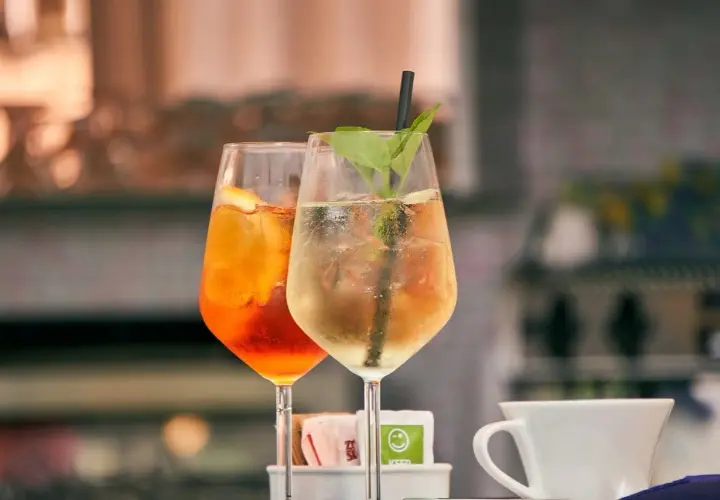 Dwa drinki z lodem i owocami, jeden pomarańczowy, drugi jasny. Czy warto kupować drogie giny do drinków mieszanych z owocami?