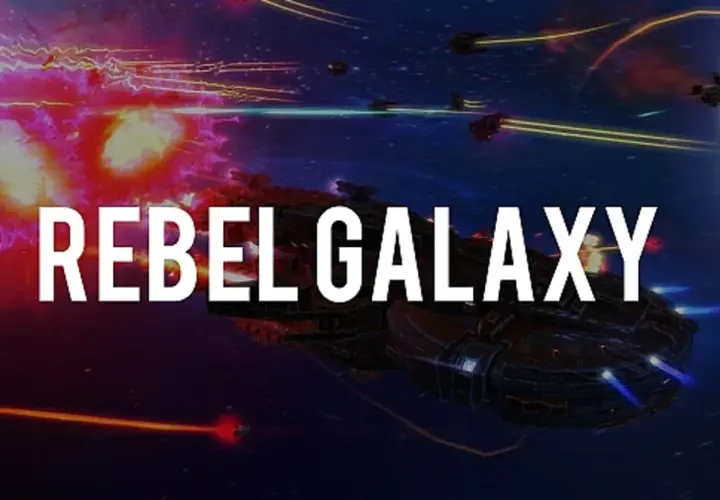 Bitwa kosmiczna w grze Rebel Galaxy. Statki walczą w przestrzeni, eksplozje i lasery.