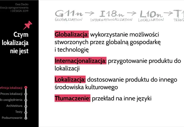 Prezentacja o lokalizacji: globalizacja, internacjonalizacja, lokalizacja i tłumaczenie. Definicje i procesy.