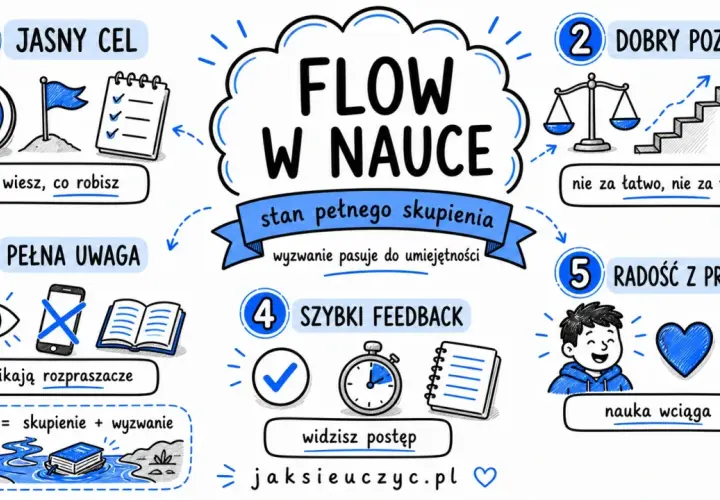 Grafika przedstawia 5 kroków do osiągnięcia stanu "flow w nauce": jasny cel, dobry poziom wyzwania, pełna uwaga, szybki feedback i radość z procesu. Kiedy czujesz flow, nauka wciąga!