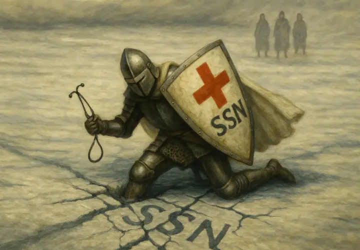 Cavaliere in armatura con scudo SSN e stetoscopio, simbolo della medicina difensiva. Tre figure sfocate sullo sfondo.