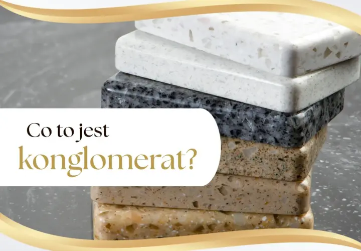 Stos próbek konglomeratu w różnych kolorach i wzorach, od białego po ciemnoszary i beżowy.
