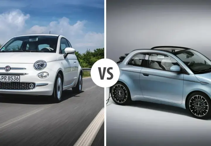 Porównanie: biały Fiat 500 na drodze kontra nowy, błękitny Fiat 500 z otwieranym dachem.