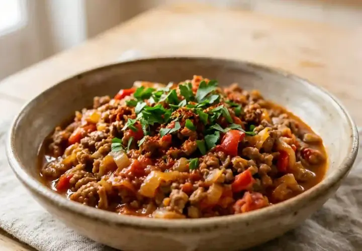 Un bol rustique de axoa de veau, garni de persil frais. Un plat réconfortant et savoureux.