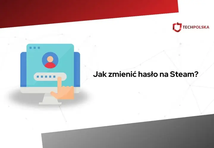 Grafika przedstawia ekran logowania na komputerze z ikoną użytkownika i polem hasła. Tekst "Jak zmienić hasło na Steam?" sugeruje poradnik.