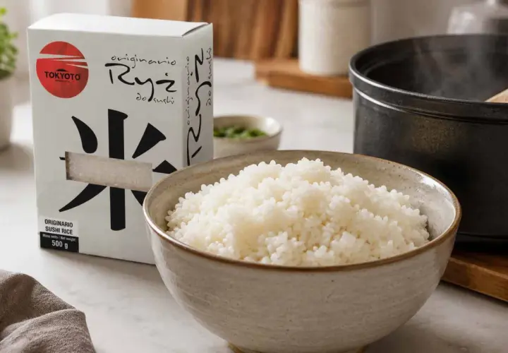 Gotowy ryż do sushi w misce, obok opakowanie ryżu i garnek. Idealny sposób, jak ugotować ryż do sushi.