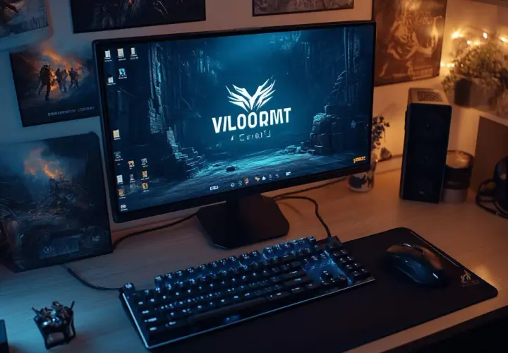Bureau de jeu avec écran affichant le logo "VILOORMT" et un fond d'écran sombre. Clavier rétroéclairé bleu, souris et décorations thématiques Valorant.