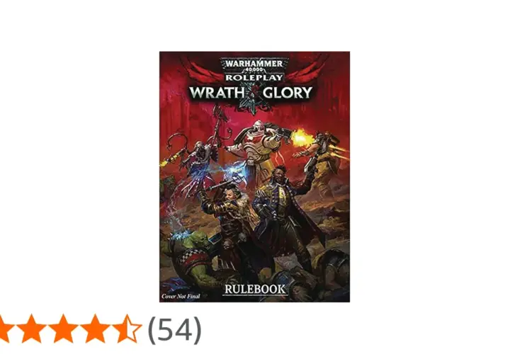 Okładka Warhammer 40,000 Roleplay: Wrath & Glory. Bohaterowie walczą z potworami, w tym z demonette.