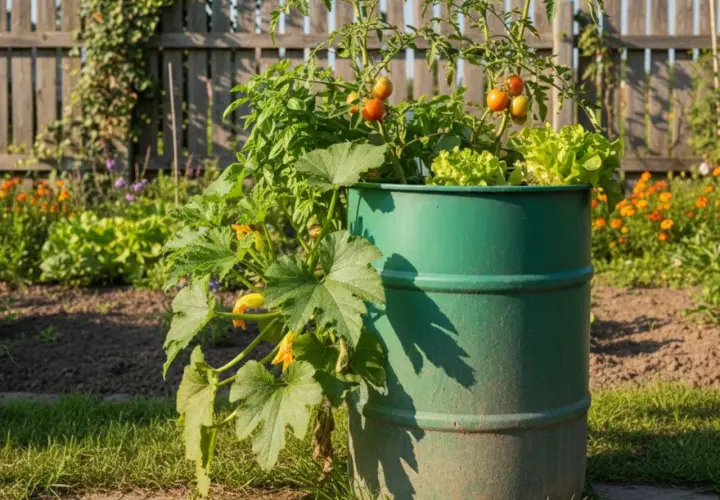 Grüne Regentonne als Upcycling-Gefäß für Tomaten, Salat und Zucchini im sonnigen Garten.