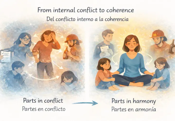 Illustration shows a woman in conflict with various "parts" of herself, then finding peace through IFS coaching, leading to harmony.